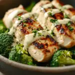 Grilled Chicken & Roasted Broccoli Bowls with Creamy Garlic Sauce