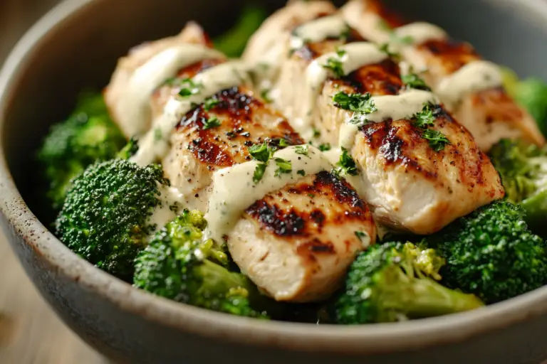 Grilled Chicken & Roasted Broccoli Bowls with Creamy Garlic Sauce