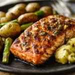 Spiced Salmon with Cheesy Asparagus & Garlic Herb Potatoes