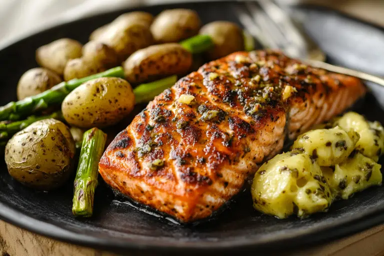 Spiced Salmon with Cheesy Asparagus & Garlic Herb Potatoes