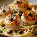 Scallop Spaghetti in Creamy White Butter Garlic Sauce with Capers