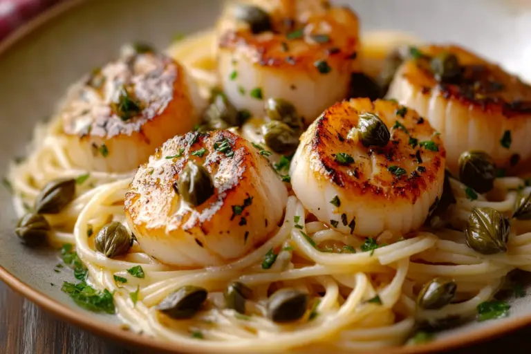 Scallop Spaghetti in Creamy White Butter Garlic Sauce with Capers