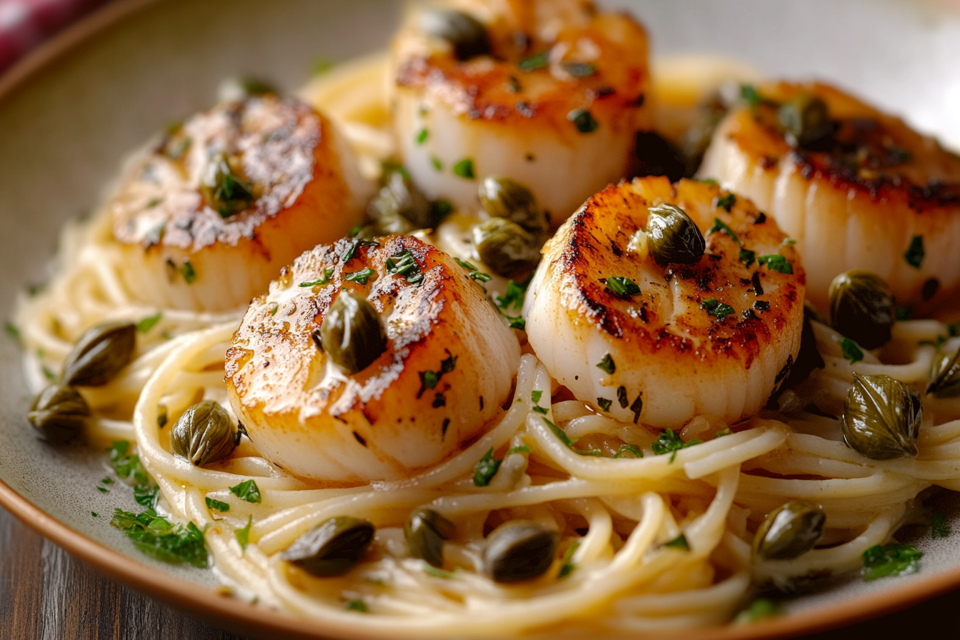 Scallop Spaghetti in Creamy White Butter Garlic Sauce with Capers