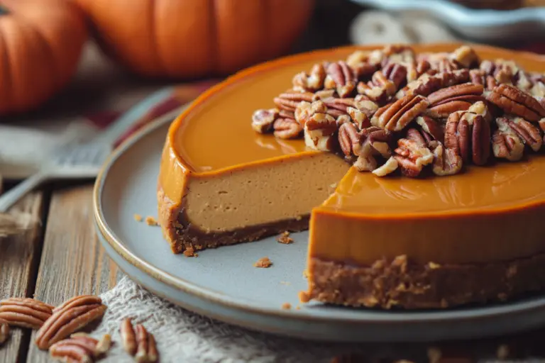 Vegan Pumpkin Cheesecake with Pecan Topping