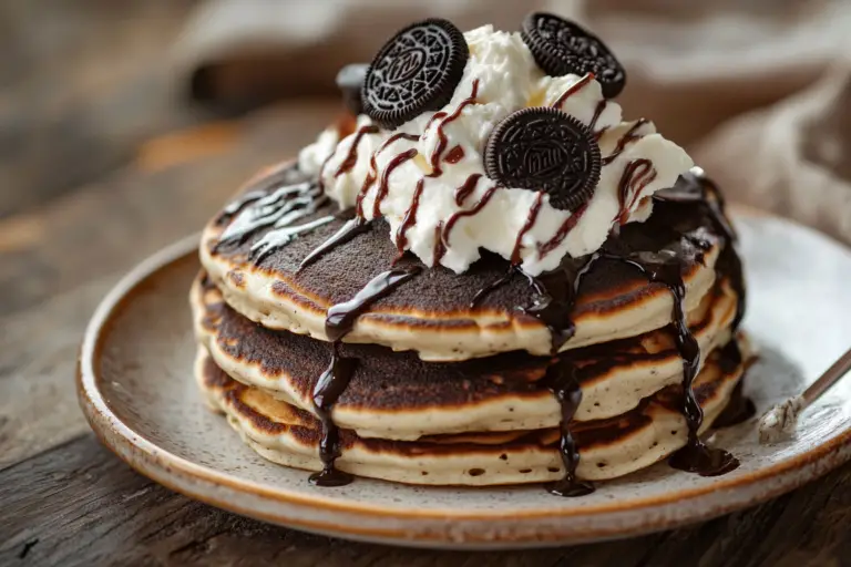 Oreo Pancakes with Cream Cheese Drizzle