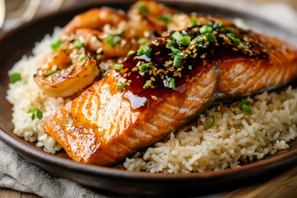 HONEY GARLIC SALMON & SHRIMP OVER GARLIC BUTTER RICE