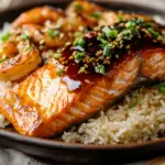 HONEY GARLIC SALMON & SHRIMP OVER GARLIC BUTTER RICE