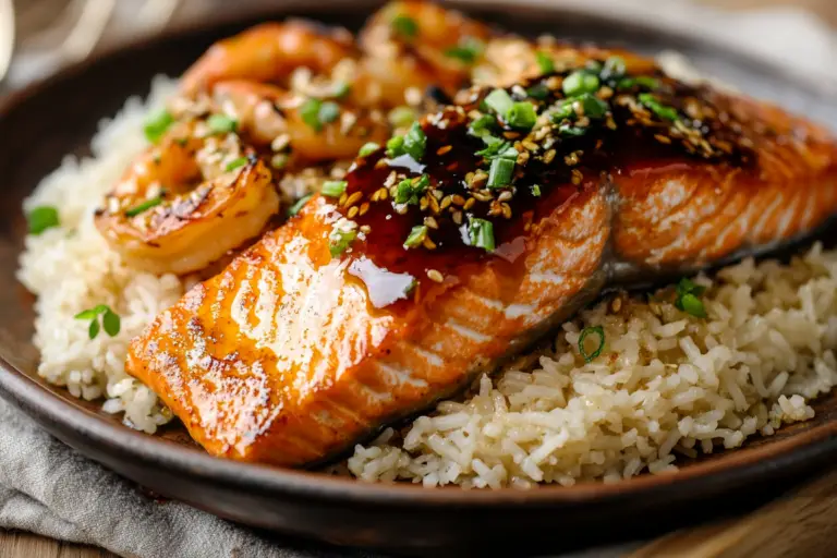 HONEY GARLIC SALMON & SHRIMP OVER GARLIC BUTTER RICE