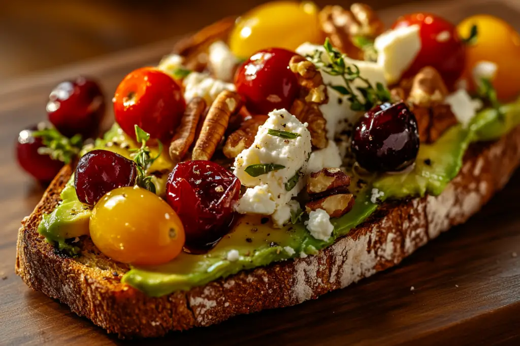 Avocado Toast with Feta Cheese, Cherry Tomatoes, Cranberries, and Walnuts