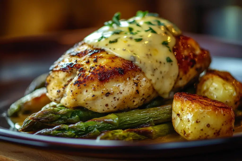 Honey Mustard Chicken with Roasted Asparagus and Cheese