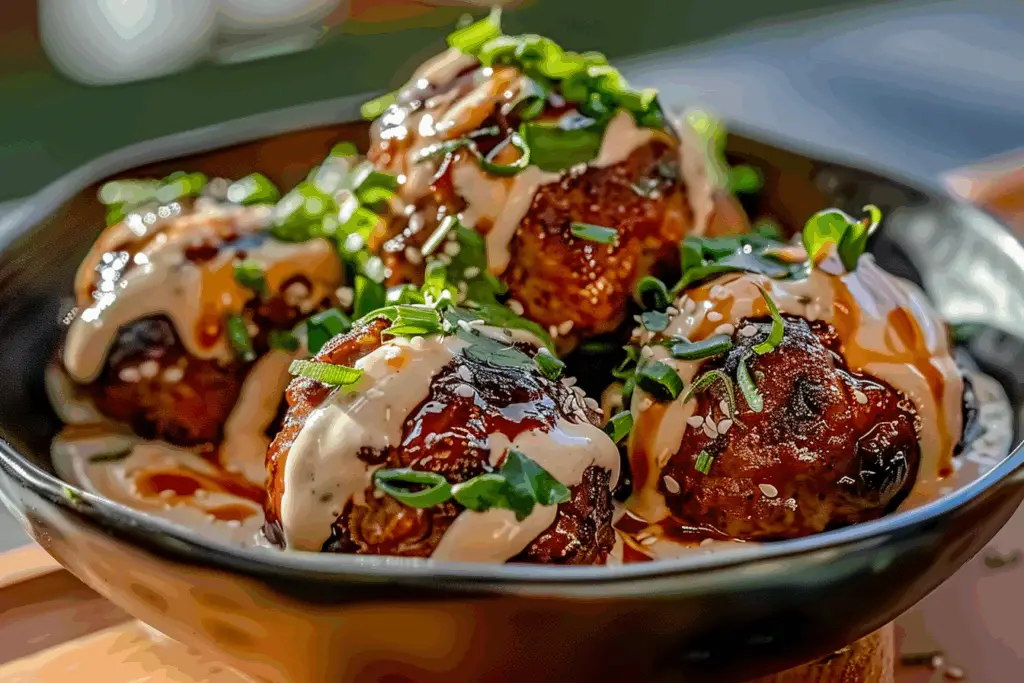 Juicy Korean-Style BBQ Meatballs with Spicy Mayo Sauce